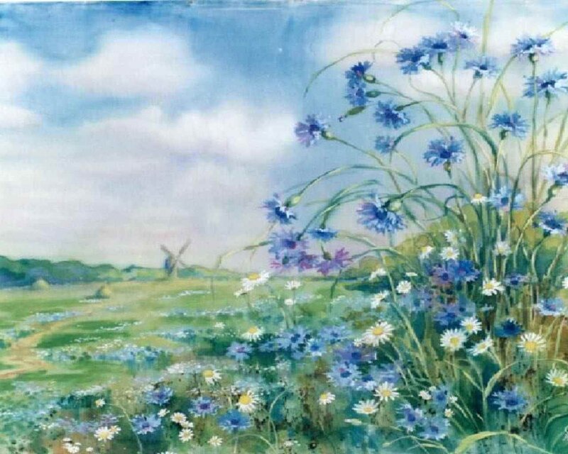 Blue Wildflowers in Field — Serene, Afternoon, Painting