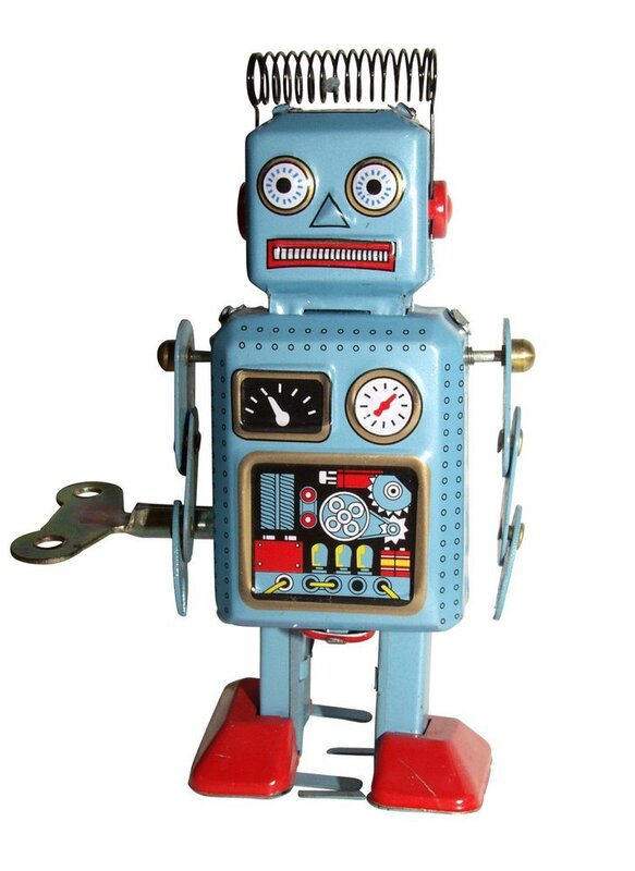 blue wind-up robot toy