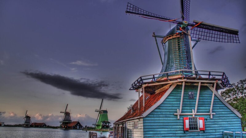 Blue Windmill by Water — Dramatic, Sunset, Photograph, Windmills, Sky