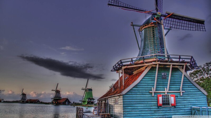 Blue Windmill by Water