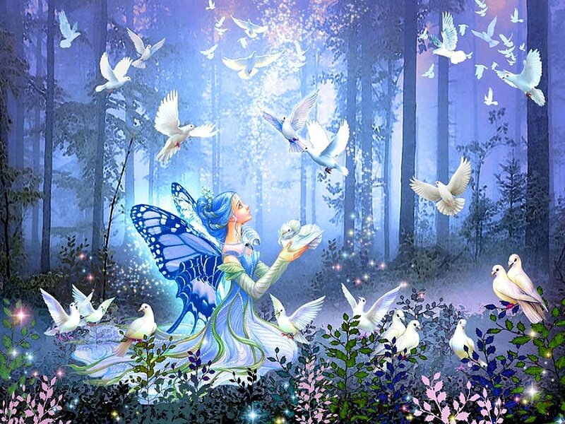 Blue-winged Fairy with Doves