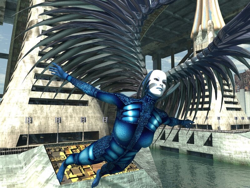 blue winged figure in futuristic city