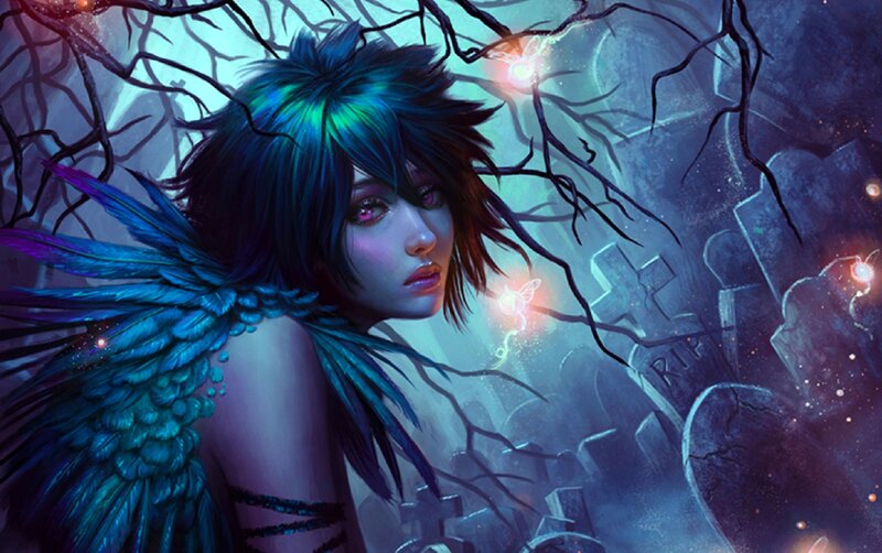 Blue-winged Figure in Graveyard
