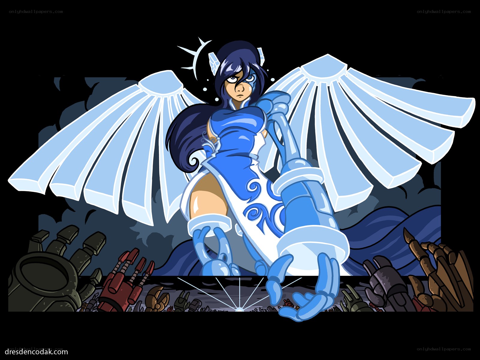 blue-winged warrior stands tall