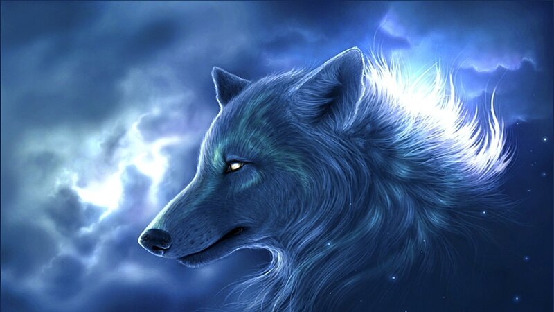Blue Wolf Head — Dramatic, Night, Digital Art, Clouds