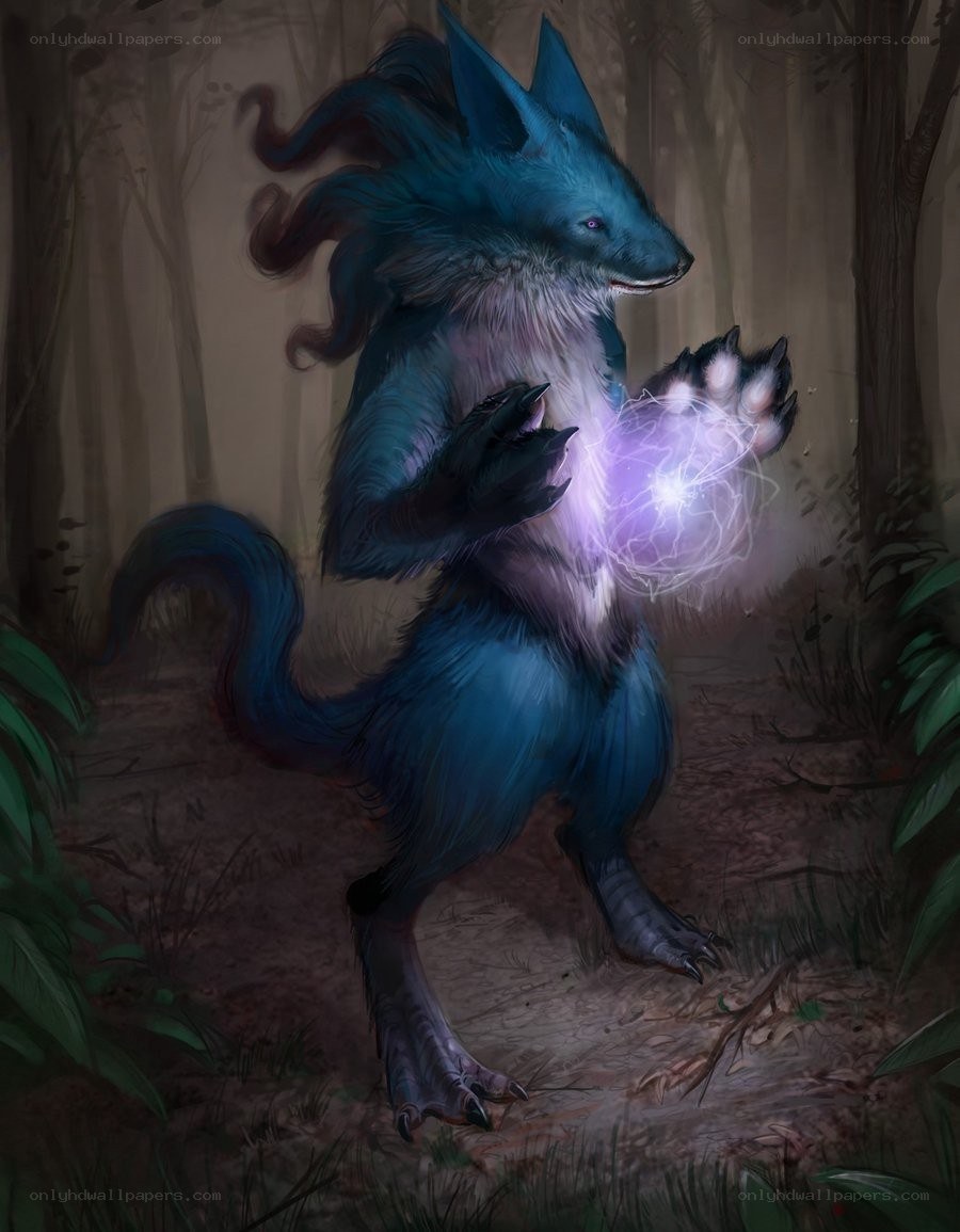 Blue wolf-like creature in forest