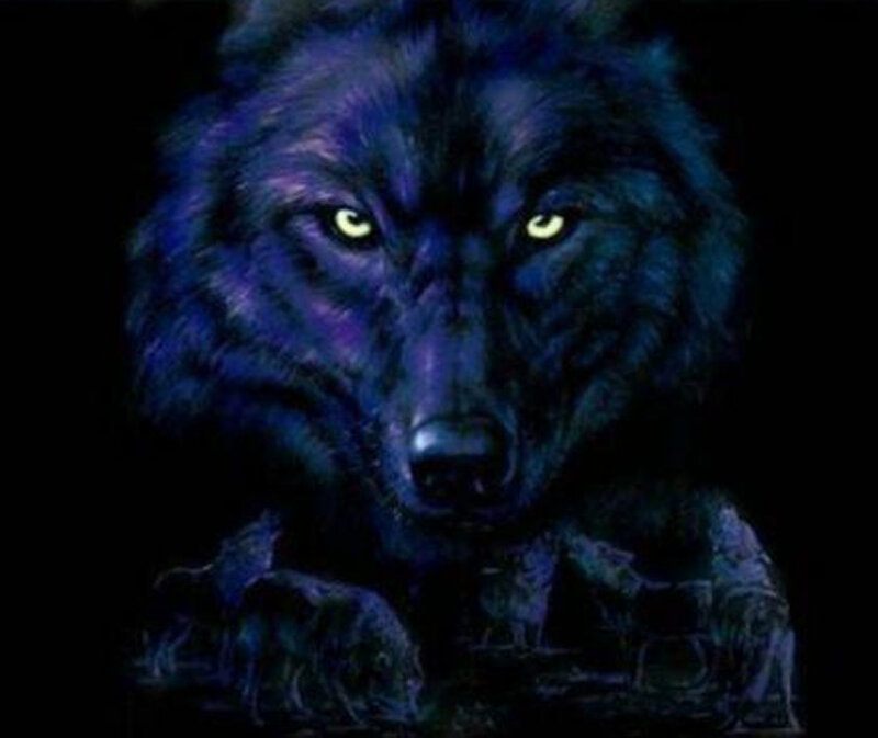 blue wolf with glowing eyes