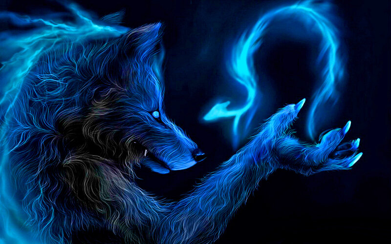 Blue Wolf with Glowing Hand