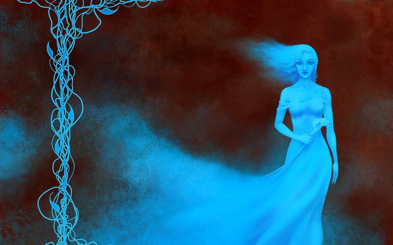blue woman with flowing dress