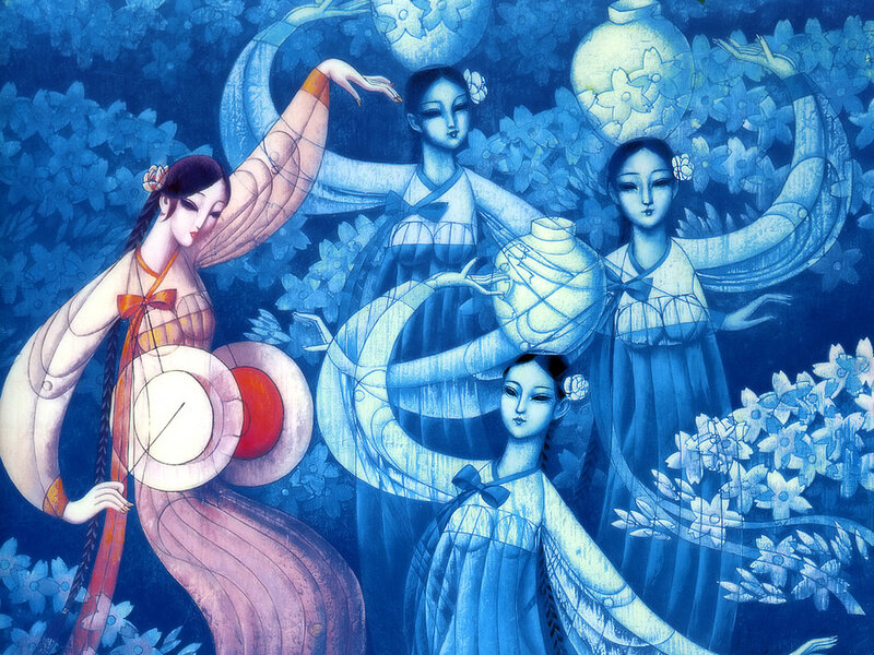 Blue women in floral art