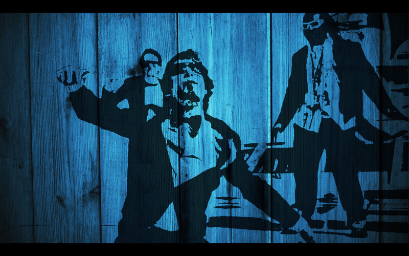 Blue woodcut art of three men