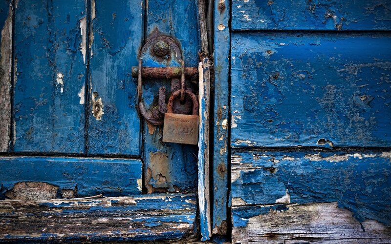 Blue Wooden Door — Dramatic, Photograph, Padlock