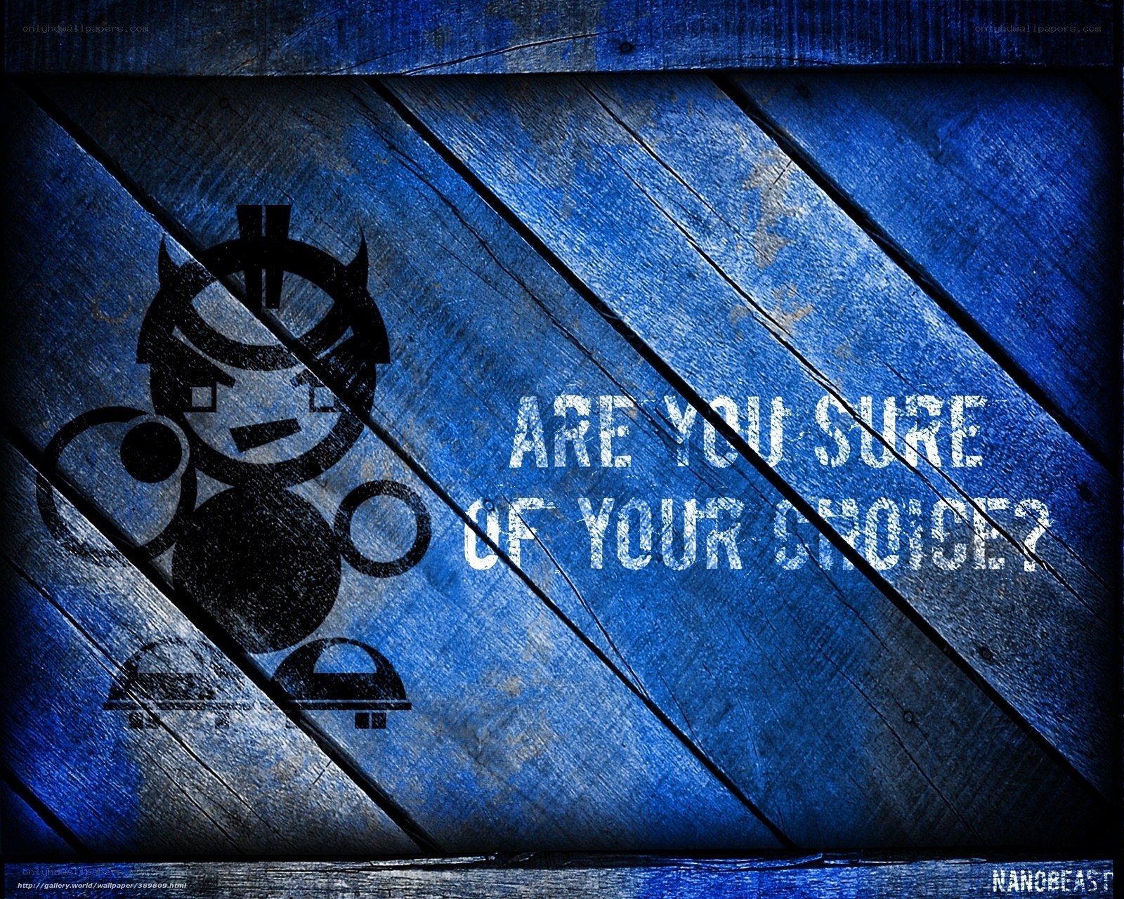 blue wooden wall with robot and text