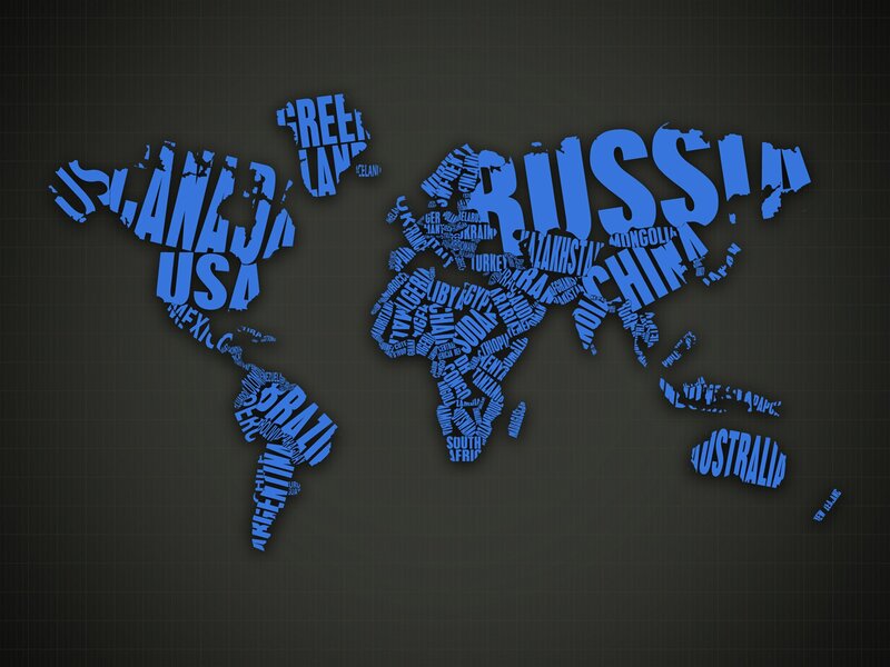 Blue word art world map