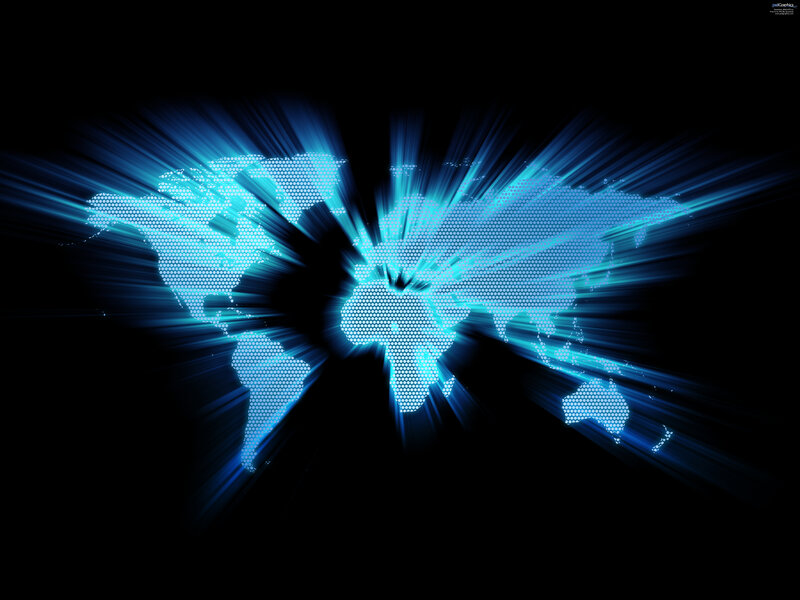 blue world map with light rays