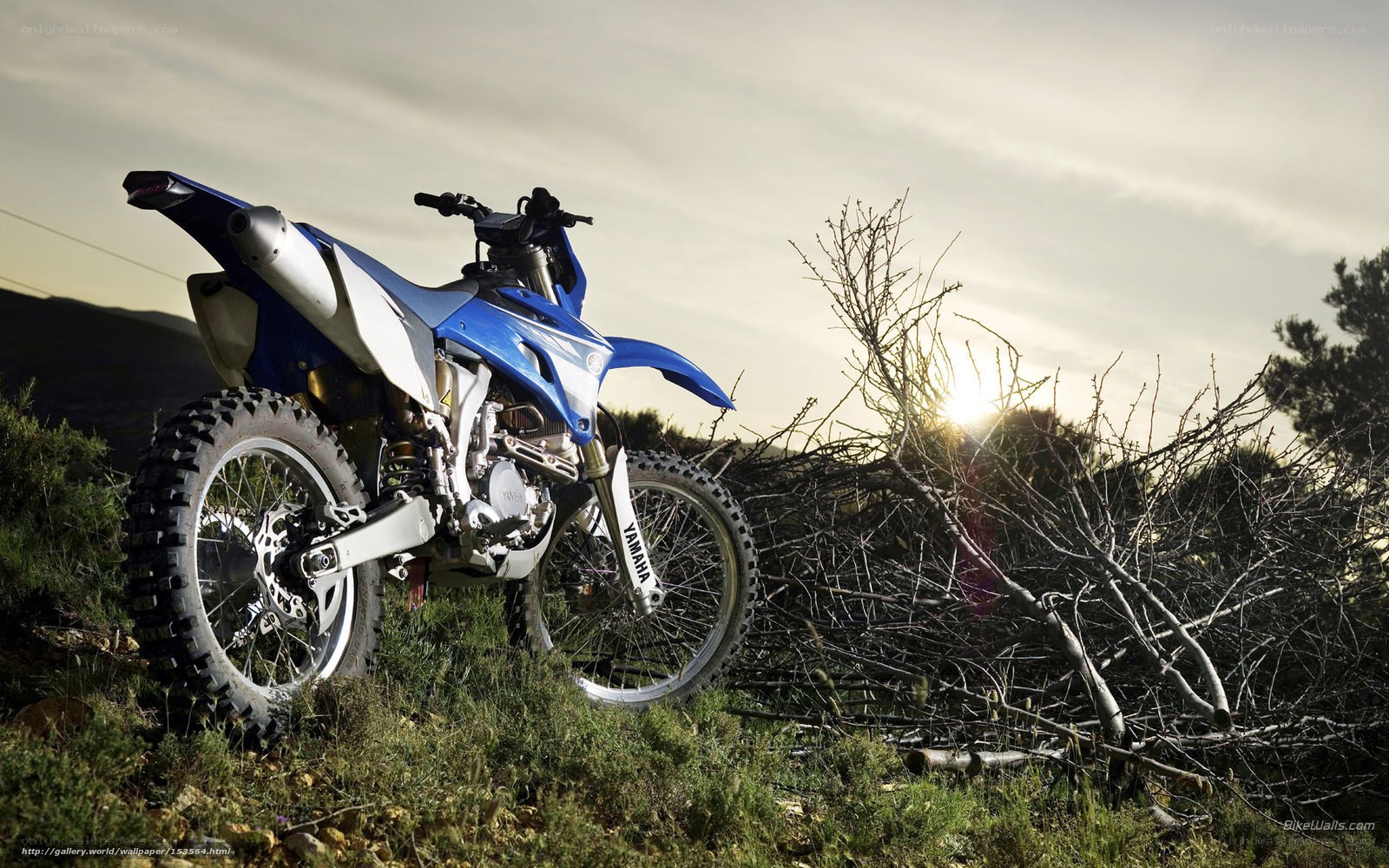 Blue Yamaha dirt bike at sunset
