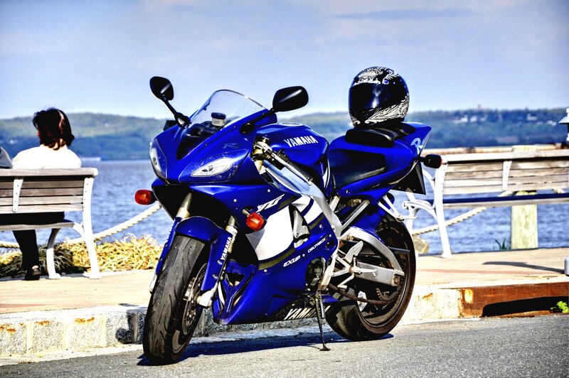 Blue Yamaha motorcycle on dock