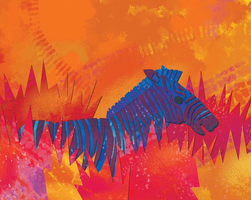 Blue zebra in fiery landscape