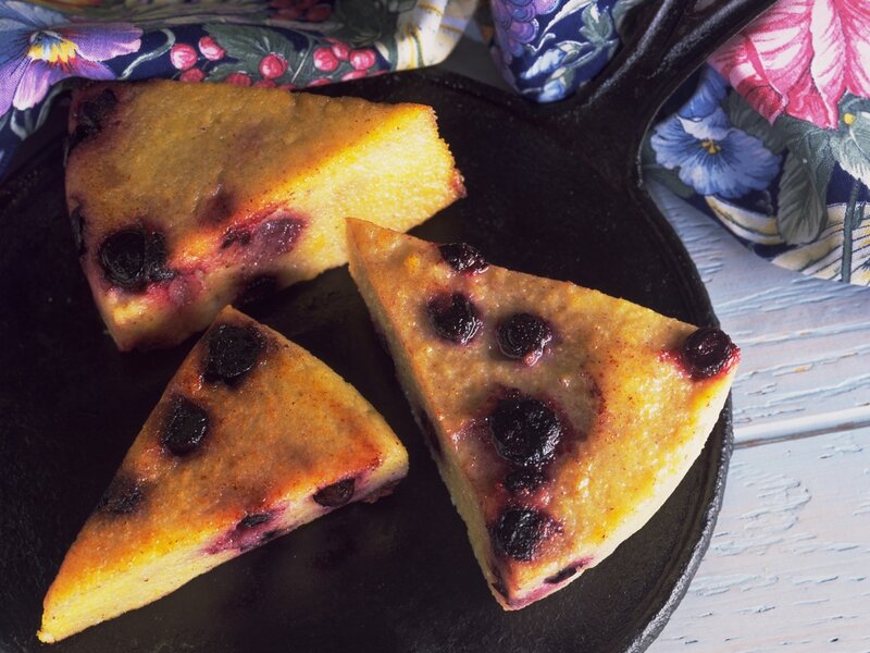 blueberry cake slices on skillet