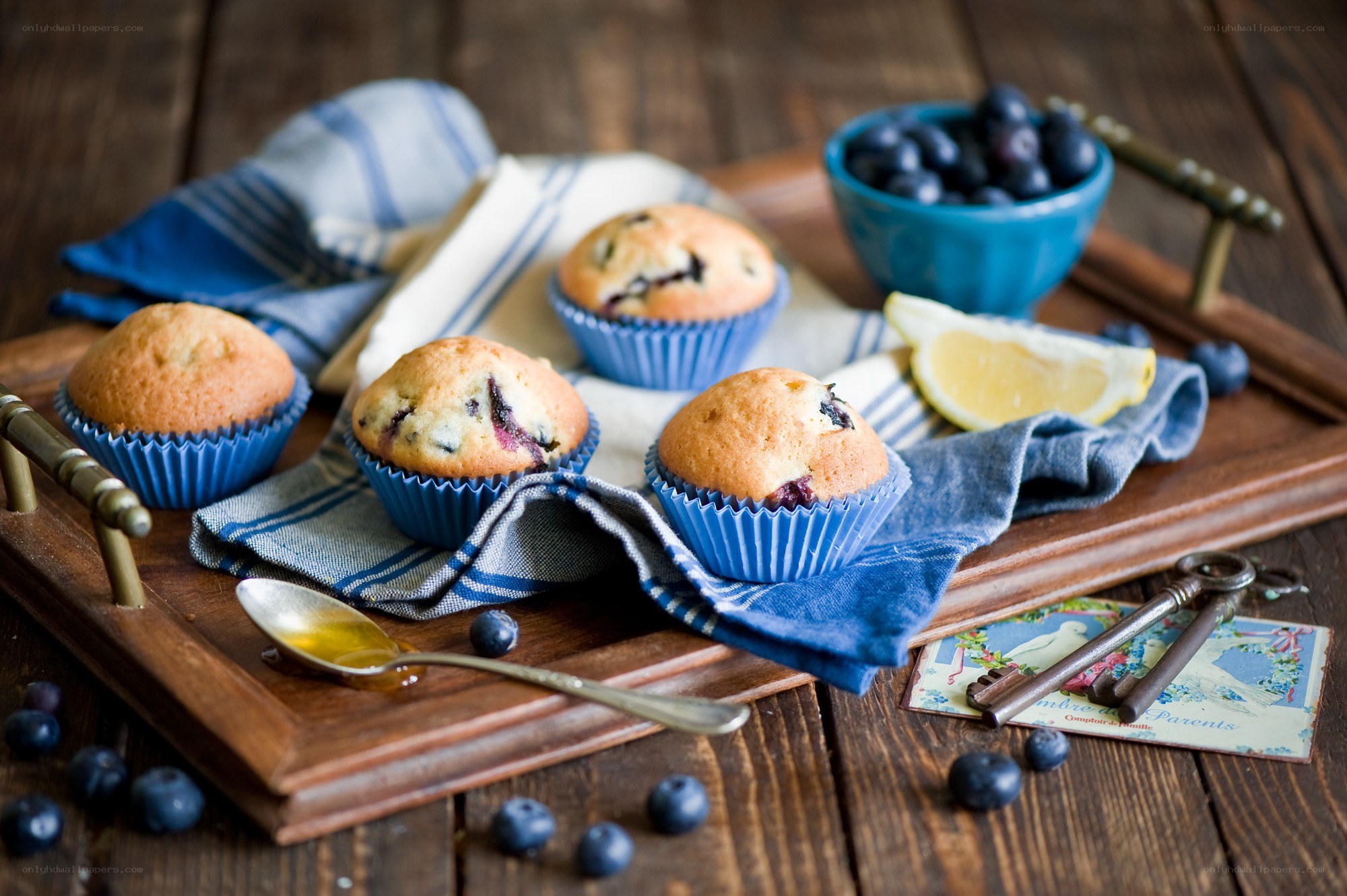 Blueberry muffins on a tray
