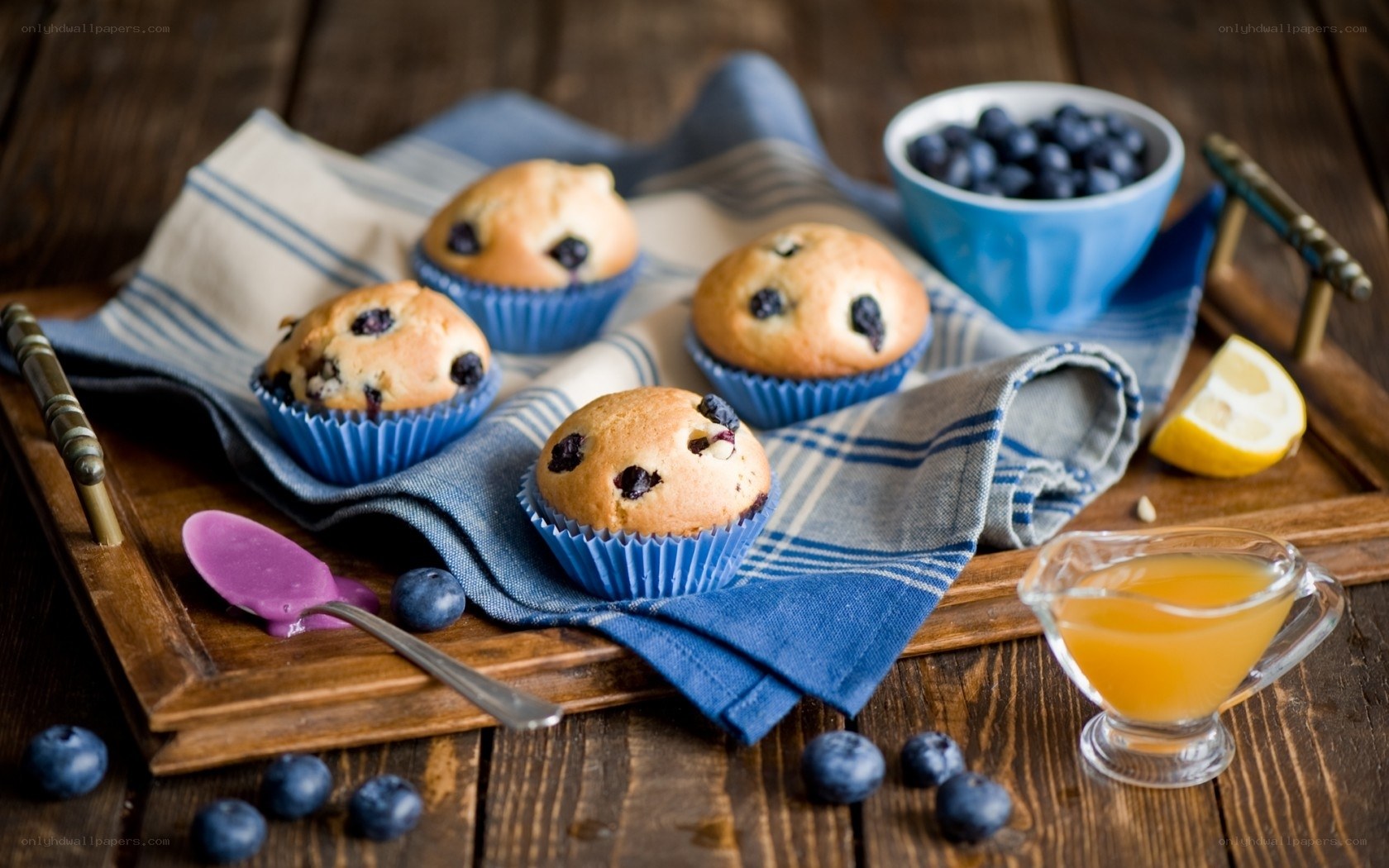 Blueberry muffins on a tray
