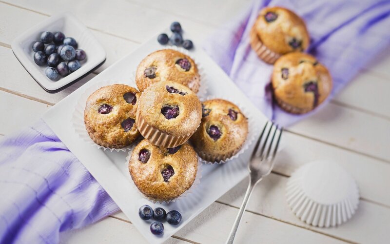 Blueberry Muffins on Plate — White, Calm, Morning