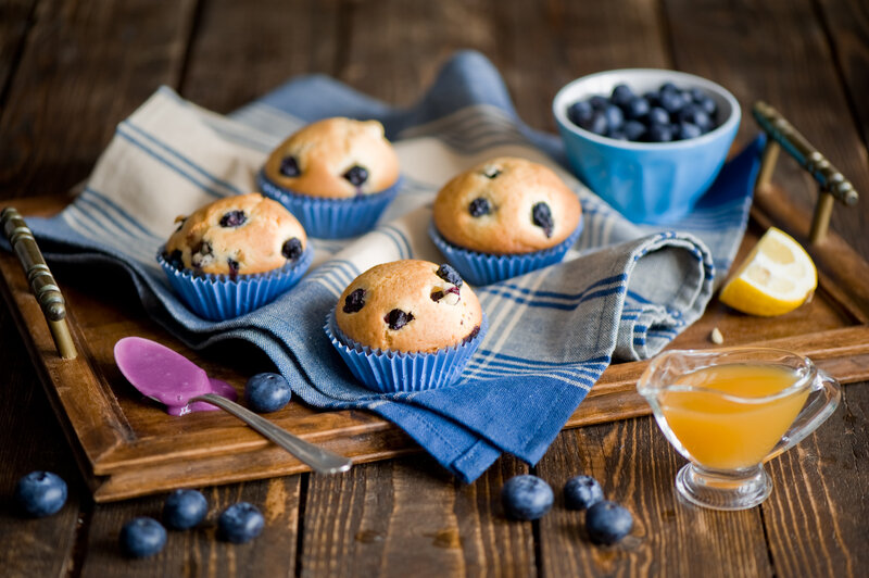 Blueberry Muffins on Tray — Brown, Homely, Morning, Photograph