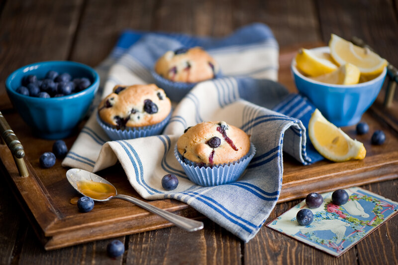 Blueberry Muffins on Tray — Brown, Homely