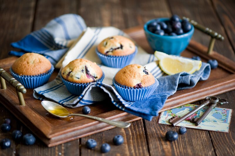 Blueberry Muffins on Tray — Brown, Rustic, Morning, Photograph