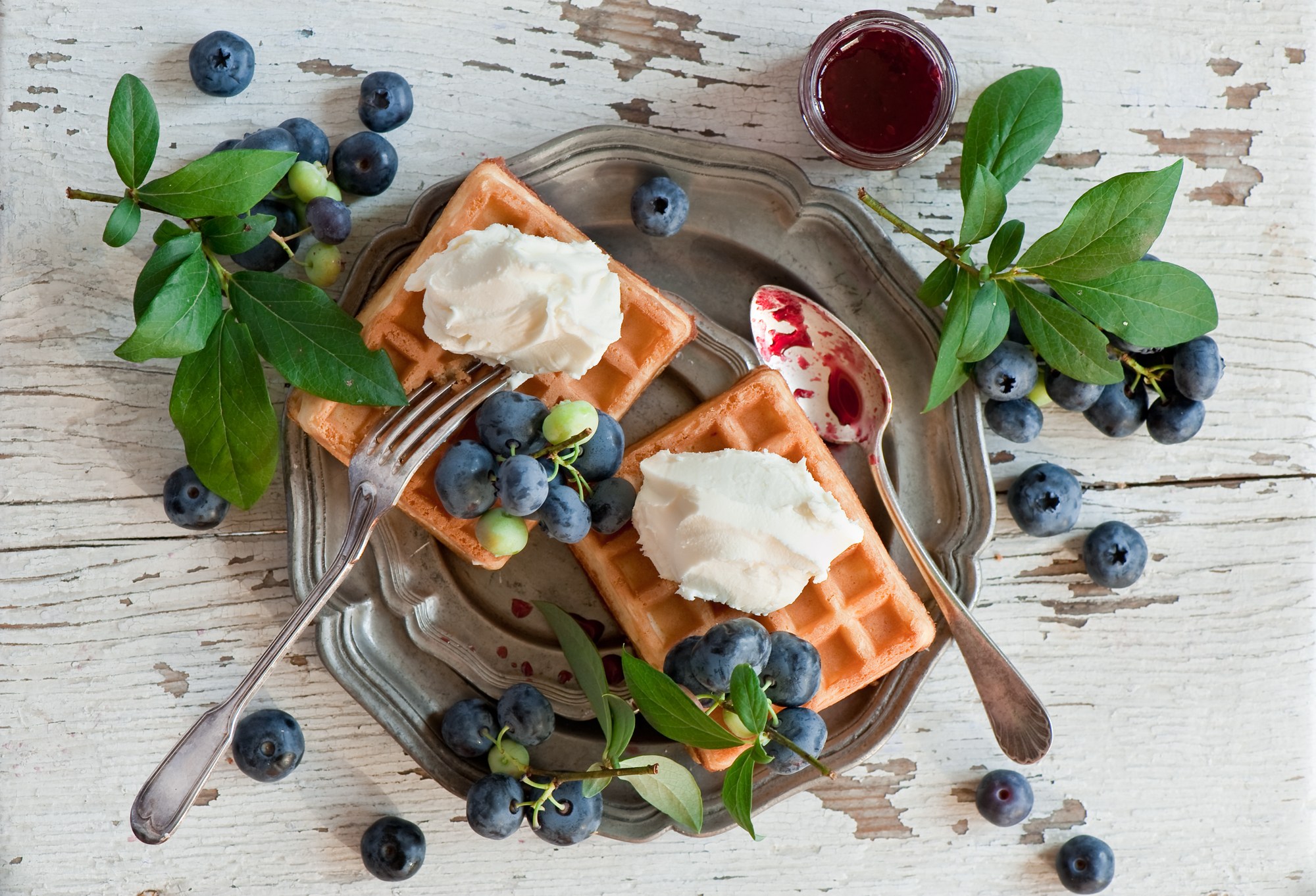 Blueberry waffles with cream