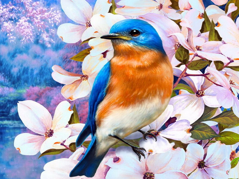 Bluebird on Flowers — Blue