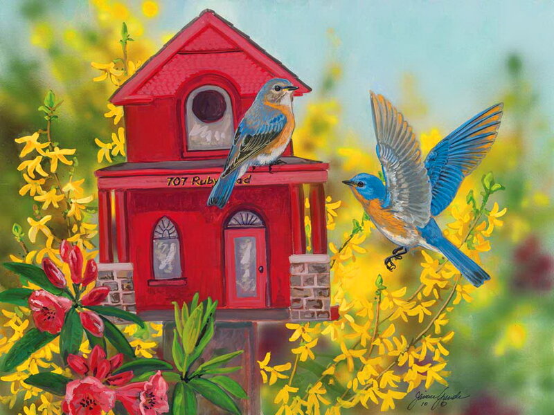 Bluebirds at Birdhouse — Red