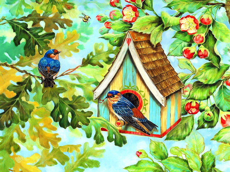 Bluebirds in Birdhouse — Green