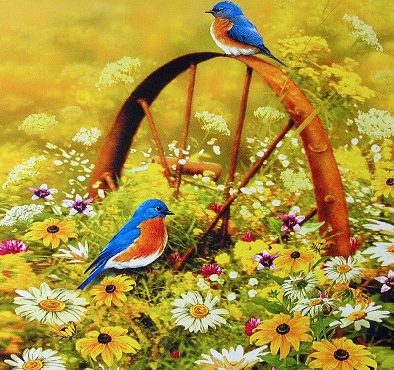Bluebirds in Flowers — Yellow