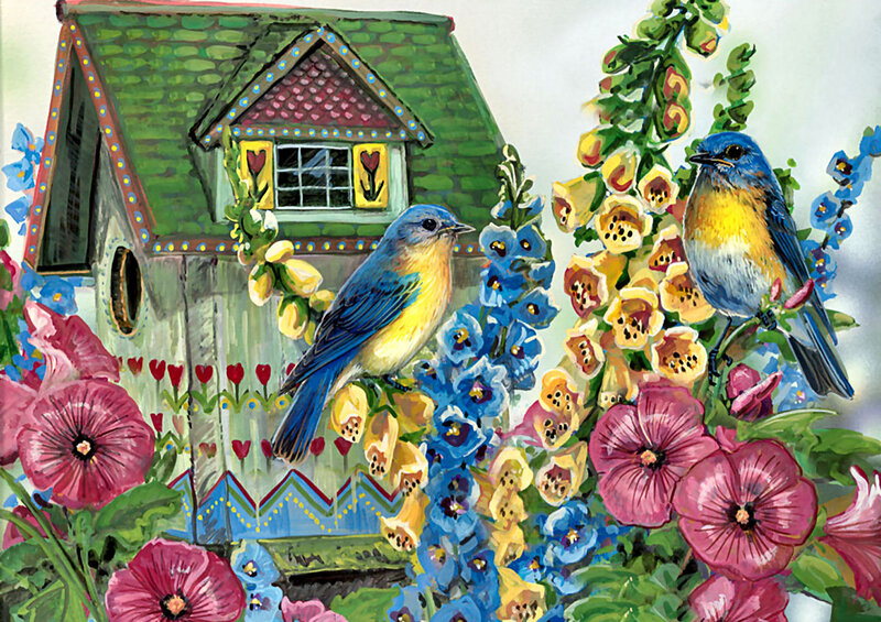 Bluebirds in Garden — Blue, Cheerful