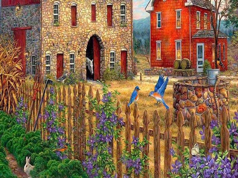 Bluebirds in Garden — Red