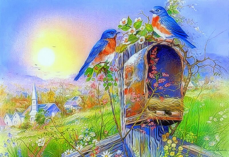 Bluebirds on Birdhouse — Blue