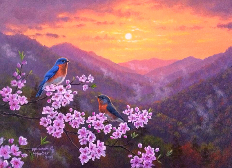 Bluebirds on Blossoms — Purple