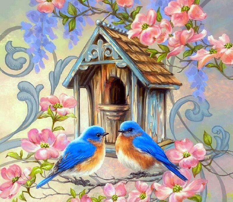 Bluebirds on Branch — Blue, Serene, Spring