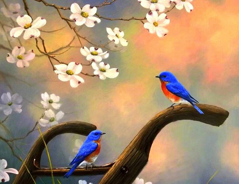Bluebirds on Branch — Blue, Serene
