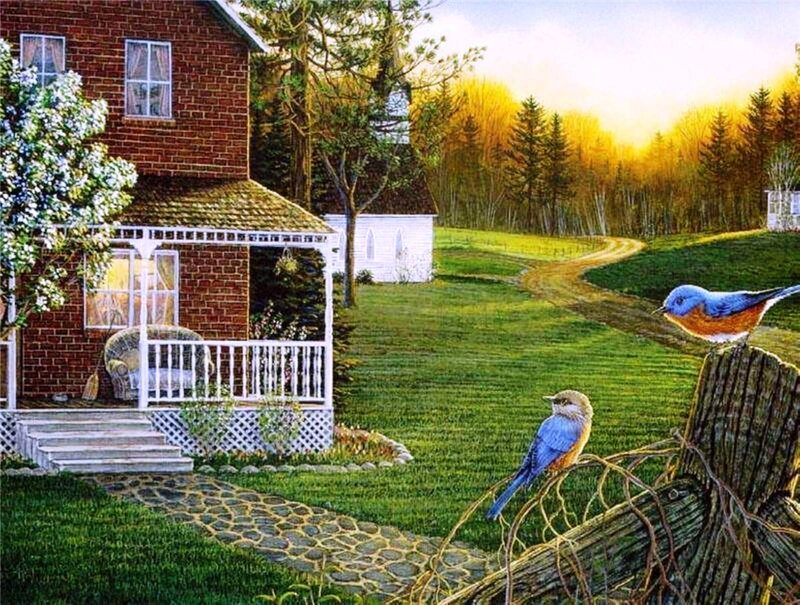 Bluebirds on Fence — Green, Serene, Sunset, Painting