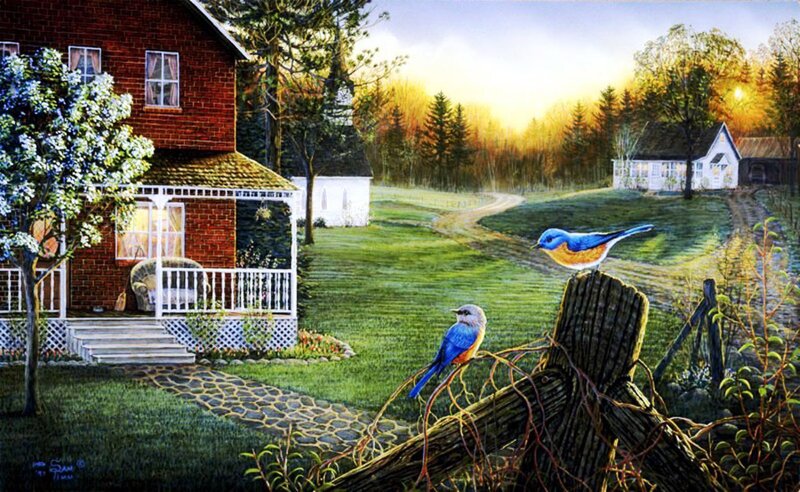 Bluebirds on Fence — Green, Serene, Sunset