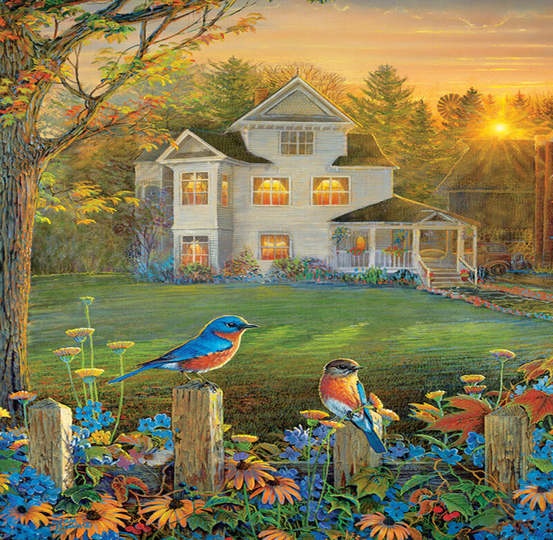 Bluebirds on Fence — Green, Serene