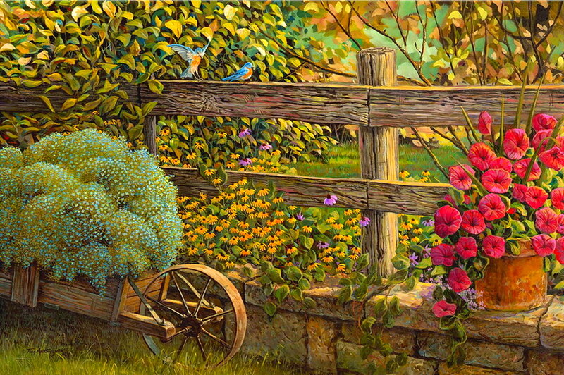 Bluebirds on Fence — Green