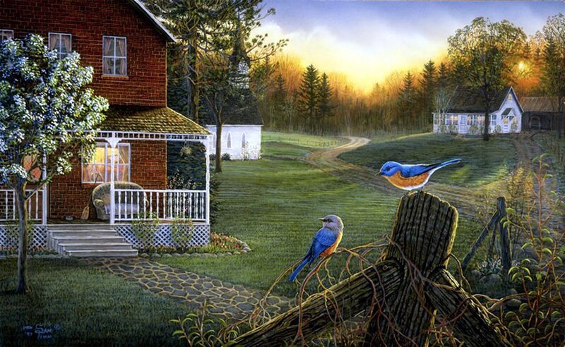 Bluebirds on Fence Post