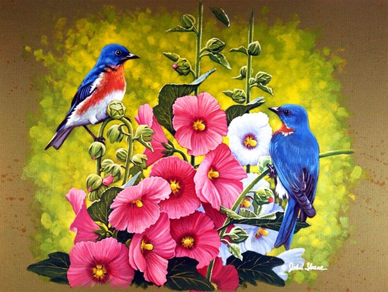 Bluebirds on Flowers — Pink