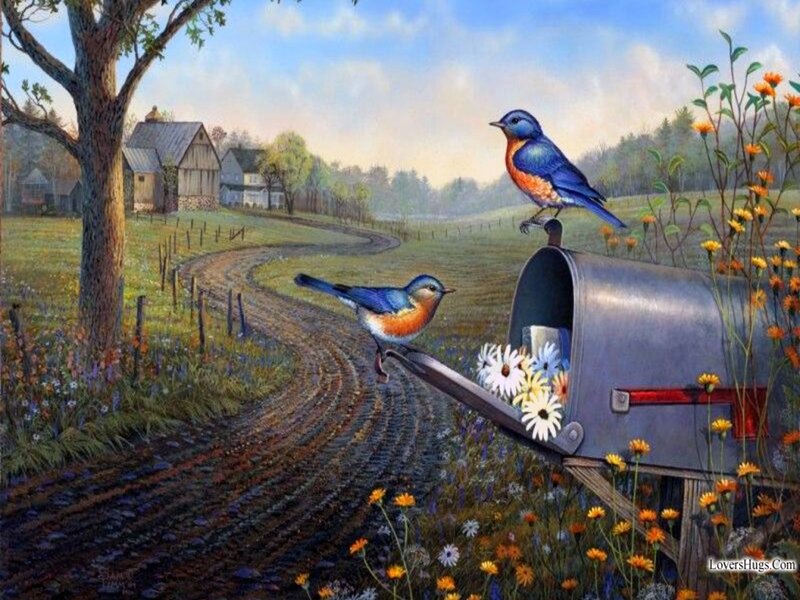 Bluebirds on Mailbox — Blue, Serene