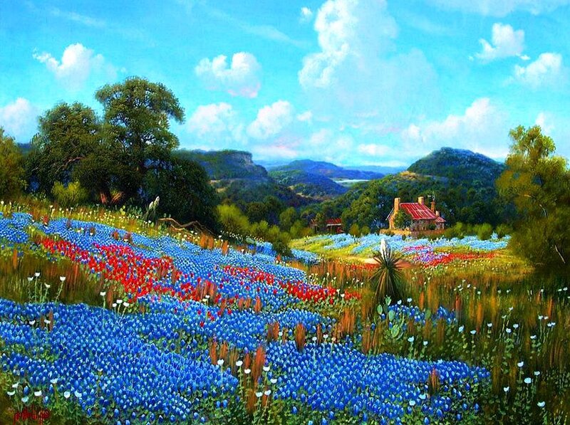 Bluebonnet Field with House — Blue