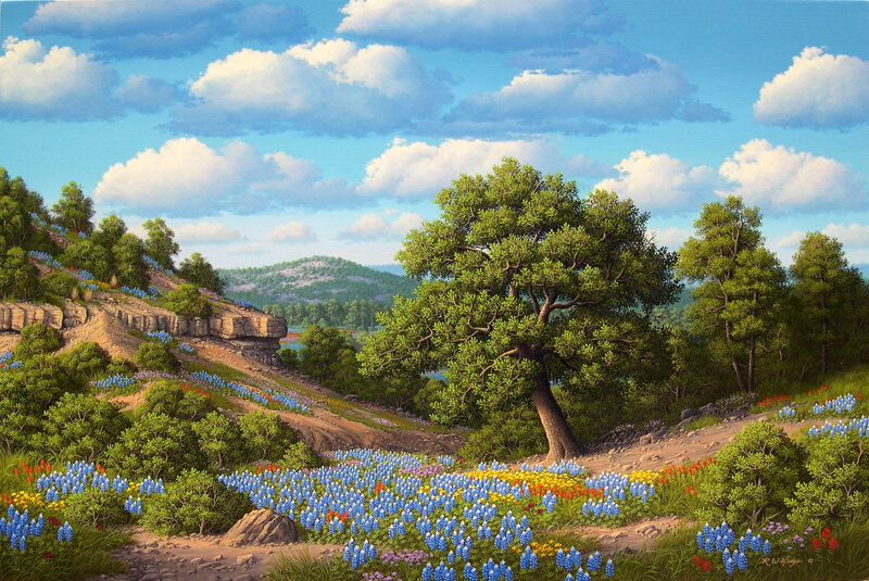 Bluebonnet Field with Oak Tree