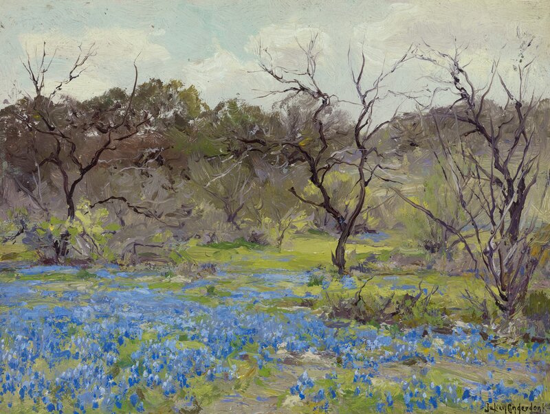 Bluebonnet Field with Trees — Blue, Serene, Spring, Painting, Flowers